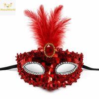 Lüks Kırmızı Tüylü Taşlı Balo Maskesi