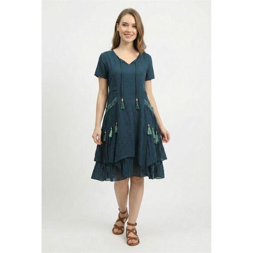 Kısa Kol Nil Vual Diz Boyu Çift Cepli Nakışlı Yazlık Elbise Petrol Ptrl