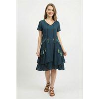 Kısa Kol Nil Vual Diz Boyu Çift Cepli Nakışlı Yazlık Elbise Petrol Ptrl