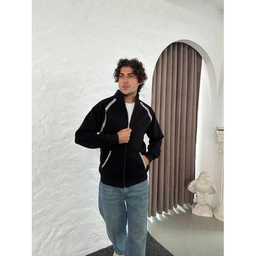 Erkek Oversize Dik Yaka Fermuarlı Sweatshirt - Zincir Nakışli Kanguru Cepli - Siyah