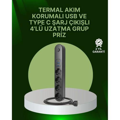 4 Priz 2 Usb 1 Type-c Akım Korumalı Çoklu Priz Led Anahtarlı