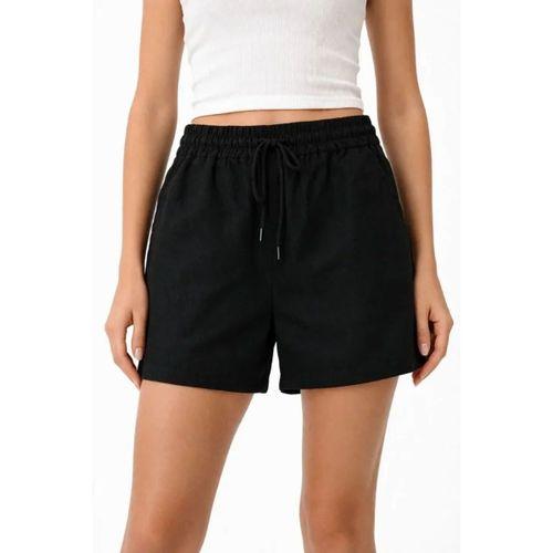 Keten Kumaş Cepli Rahat Kesim Bel Lastikli Şort - Siyah