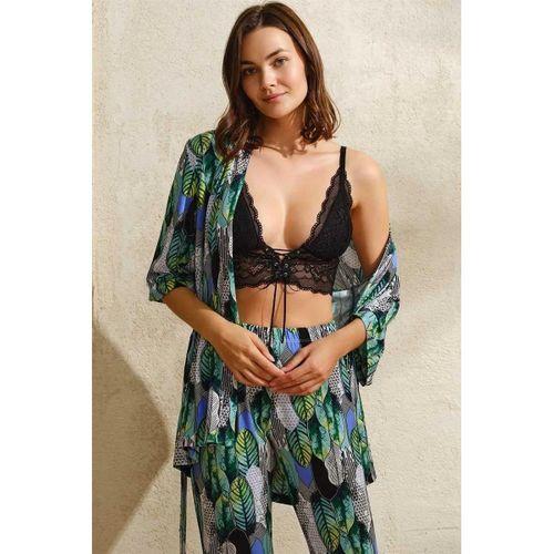 Viskon Yaprak Baskılı Sabahlık Balensiz Desteksiz Dolgusuz Dantelli Bralet Sütyen Ve Pantolon Pijama 3'lü Takım