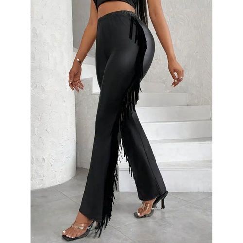 Kadın Yüksek Bel Yanlardan Püsküllü Deri Pantolon