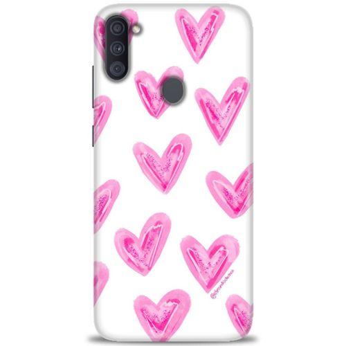 Samsung Galaxy M11 Kılıf HD Baskılı Kılıf - Pembe Kalpler + Tam Ekran Koruyucu