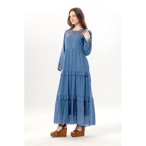 Uzun Kol Zeynep Bisiklet Yaka Nakışlı Uzun Vual Elbise İndigo indg