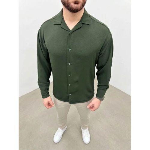 Erkek Aerobin Kumaş Oversize 4 Mevsim Uzun Kollu Rahat Kalıp Gömlek - Haki