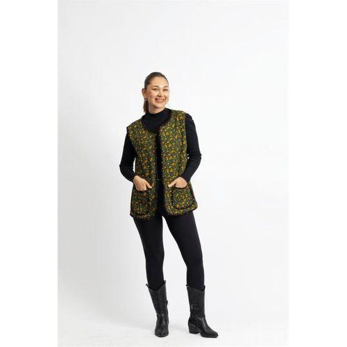 Kolsuz Meryem Çift Taraflı Cepli Pazen Kışlık Yelek Papatya Yeşil/Bordo PptyYşl