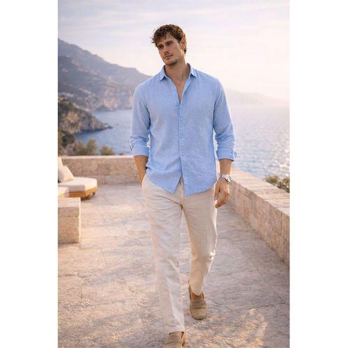 Nefes Alabilir Yarım Oversize Müslin Kumaş Uzun Kol Yakalı Erkek Gömlek - Buz Mavi