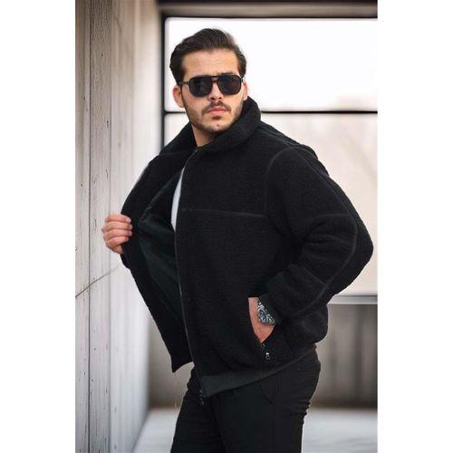 İçi Astarlı Şerit Detaylı Peluş Erkek Mont - Siyah