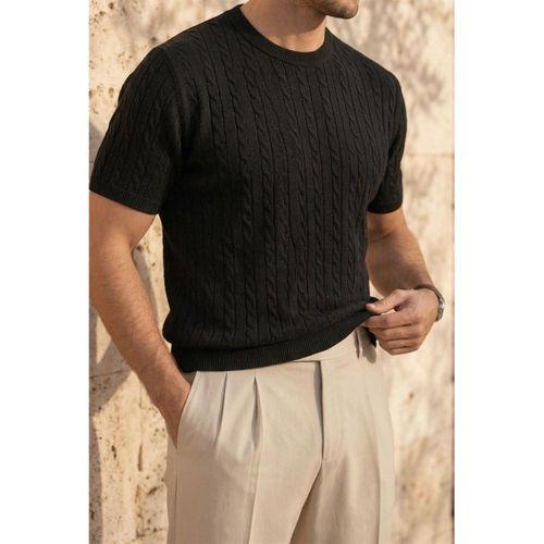 Walsh Saç Örgü Desenli Bisiklet Yaka İnce Triko Erkek T-Shirt - Siyah