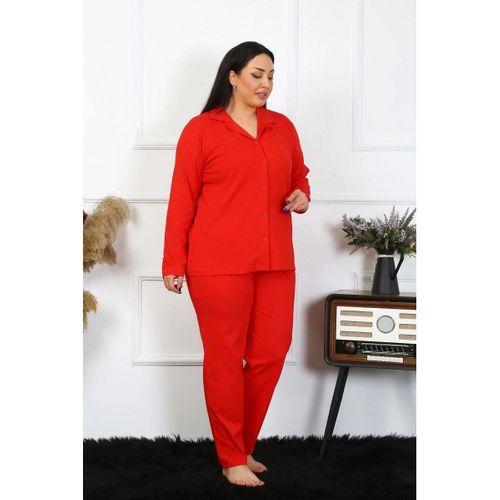 Kadın Büyük Beden Pamuklu Cepli Düğmeli Kırmızı Pijama Takım