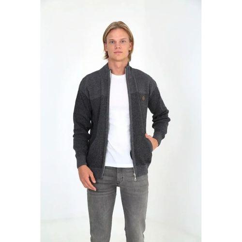 Erkek Fermuarlı Triko Hırka Yüksek Yaka, Cepli, Günlük Şık Rahat Kalıp Triko - Gri