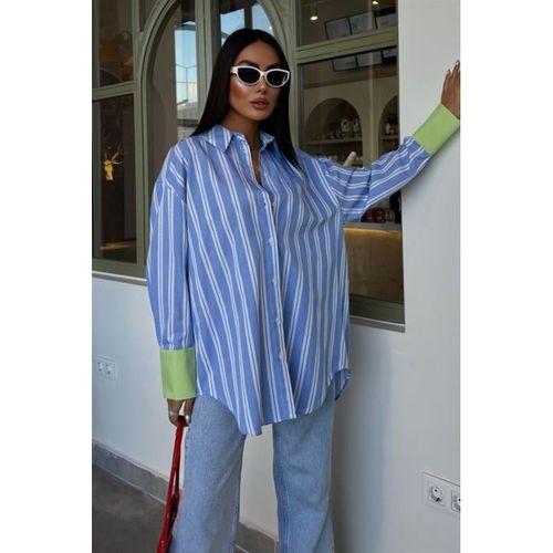 Kolu Manşet Detay Çizgili Oversize Gömlek 3405