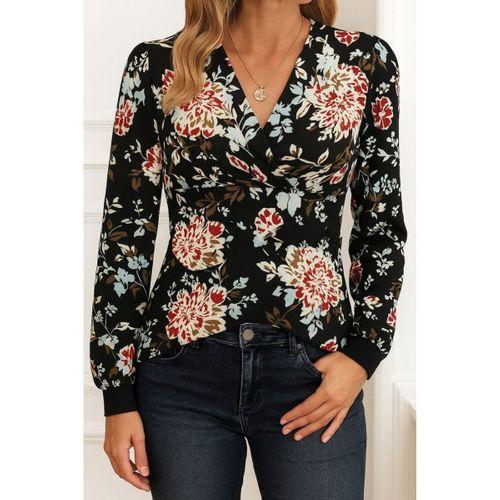 Kadın Uzun Kollu Kruvaze Yakalı Kelebek Desenli şardonlu Dalgıç Bluz