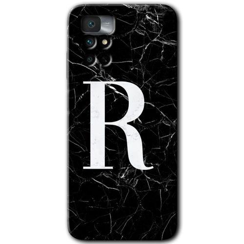 MRCİLETİSİM Xiaomi Redmi Note 11 4G Kılıf HD Desen Baskılı Arka Kapak+Temperli Cam - Siyah Mermer Desenli R Harfi