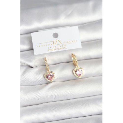 Pirinç Gold Pembe Renk Zirkon Taşlı Kalp Model Kadın Küpe