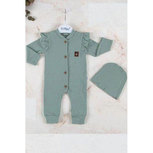 Boydan Düğmeli Şapkalı % 100 Pamuk Kız Bebek Tulumu