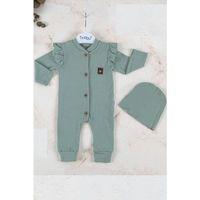 Boydan Düğmeli Şapkalı % 100 Pamuk Kız Bebek Tulumu