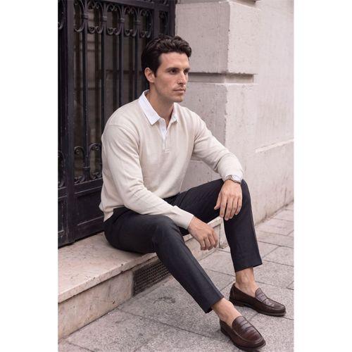 Luis Polo Yaka Selanik Örme Kumaş Erkek Sweatshirt - Taş