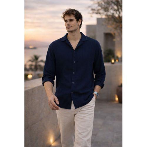 Apaş Yaka Oversize Müslin Kumaş Gömlek - Lacivert