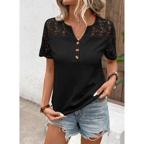 Kadın Kısa Kollu V Yakalı önden Düğmeli Dantel Detaylı Waffle Bluz
