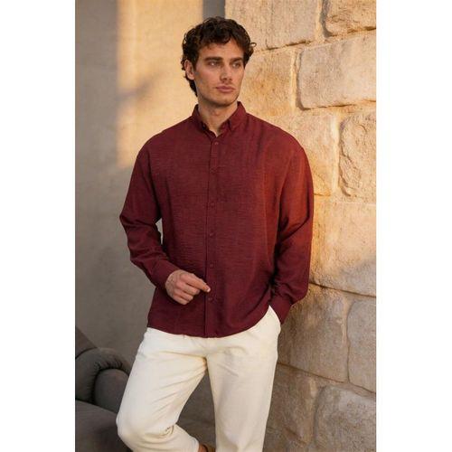 Scott – Soft Dokulu Yarım Oversize Modern Keten Görünümlü Erkek Gömlek - Bordo