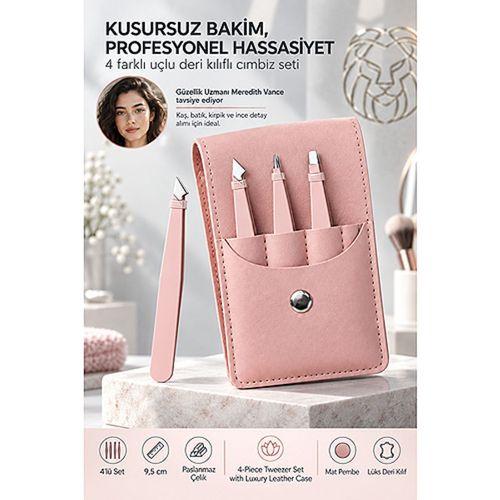 Deri Kılıflı Kaş Cımbız Seti 4'lü Paslanmaz Çelik Batık Kirpik Burun Kılı Alma Cımbızı Epilasyon Seti 723648
