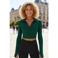 Yeşil Dik Yaka Fermuarlı Uzun Kollu Parmak Geçmeli Crop Top Spor Bluz