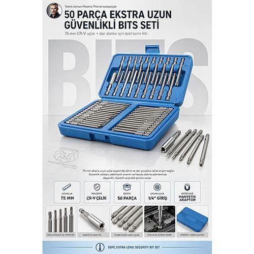 50 Parça Ekstra Uzun 75mm Güvenlikli Bits Tornavida Ucu Seti - CR-V Uçlar, Torx, Alyen, Çatal Başlı Uzatma Aparatlı Tamir Kiti 723510