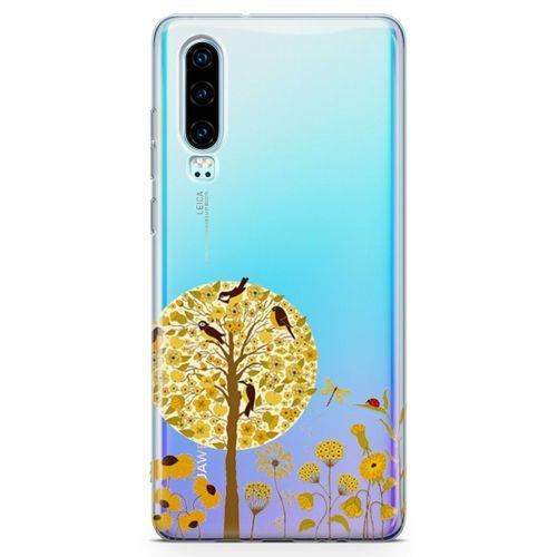 Huawei P30 Kılıf Sarı Ağaç Ve Kuşlar Arka Kapak Koruma Desenli Full Koruyucu