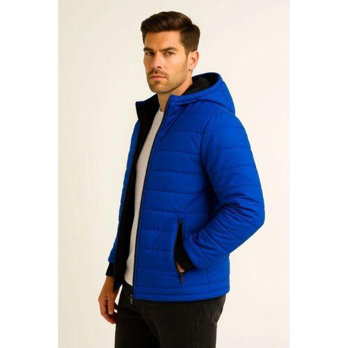 Erkek Şişme Kapüşonlu Fermuarlı Mont Su Itici Kapitone Astarlı Kumaş Cepli Kışlık Rahat Kalıp - Saks Mavisi