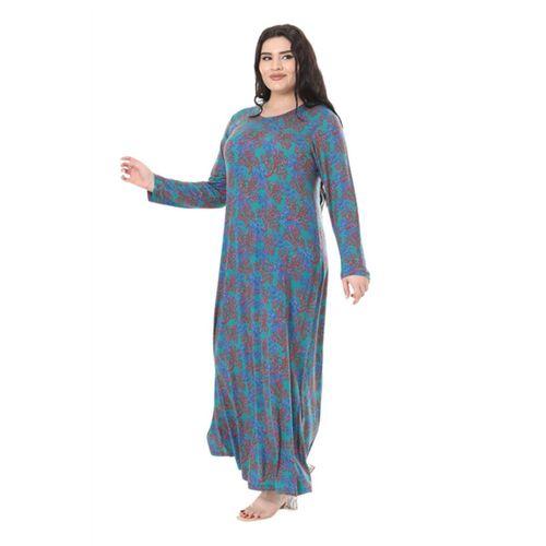 Melsay Butik Mavi Kırmızı Mercan Desen Uzun Kollu Kadın Elbise