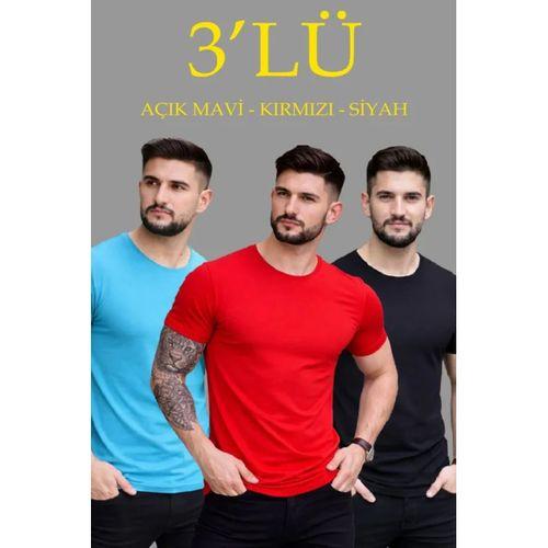 Erkek 3lü Bisiklet Yaka Tişört – Kısa Kollu Yazlık Slim Fit Body - Siyah, Kırmızı, Açık Mavi