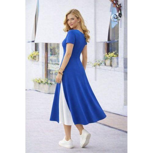 Kadın Kısa Kollu Asimetrik Yakalı Düğme Detaylı Midi Viskon Elbise