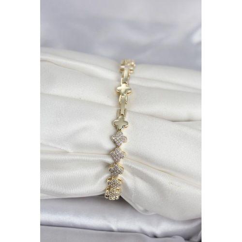 Pirinç Gold Renk Yonca Model Sıralı Zirkon Taşlı Kadın Bileklik