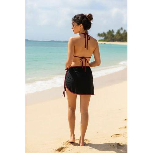 Kadın Siyah Bordo Pareolu 3’lü Bikini Takımı Yandan Ve Boyundan Bağlamalı Pedli Şık Plaj Seti