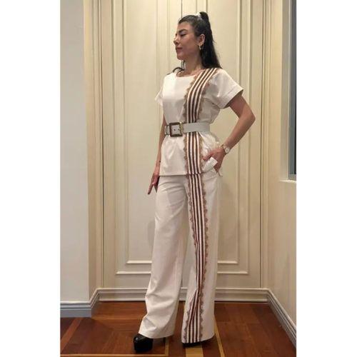Trend Kadın Krem Keten Dokulu Bol Paça Pantolon ve Kısa Kollu Bluz Takımı