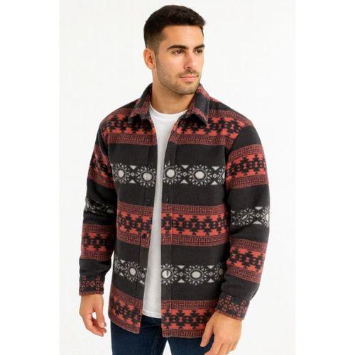 Erkek Desenli Polar Gömlek – Etnik Şerit Desen Yakalı, Uzun Kollu, Düğmeli, Oversize Rahat Kalıp - Füme