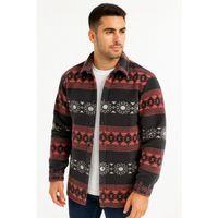 Erkek Desenli Polar Gömlek – Etnik Şerit Desen Yakalı, Uzun Kollu, Düğmeli, Oversize Rahat Kalıp - Füme