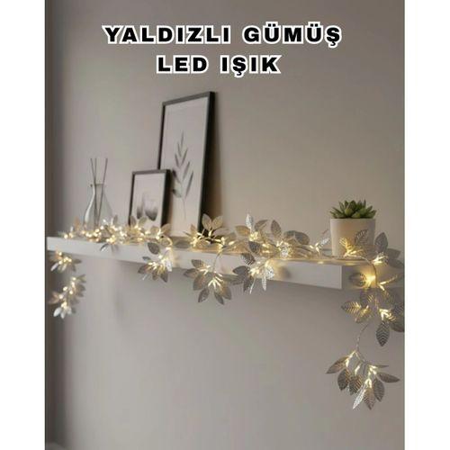 Yaldızlı Gümüş Yaprak Led Işık Pilli Dekoratif Ortam Ve Yılbaşı Aydınlatması