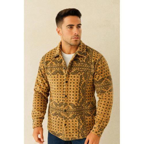 Erkek Desenli Düğmeli Polar Gömlek – Hardal Paisley Desen Yakalı, Uzun Kollu, Oversize Rahat Kalıp - Sarı