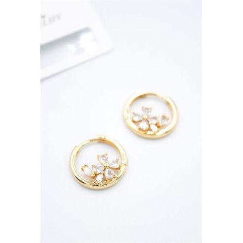 Taşlı Çiçek Küpe - Altın