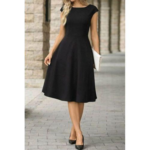 Kadın Yarım Ay Kollu Yakası Acık Kemersiz Midi Ithal Krep Elbise