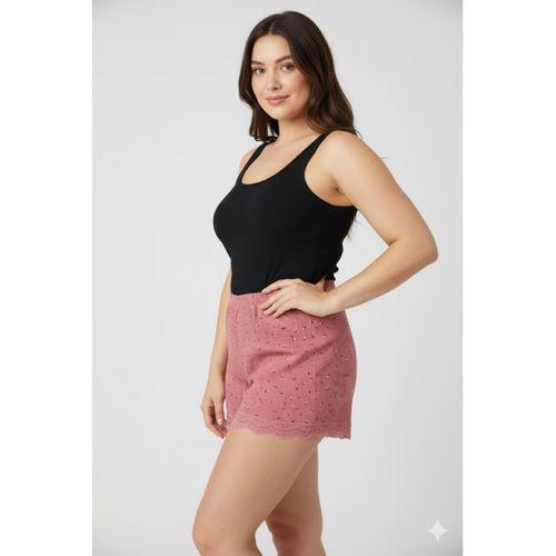 Düz Renk Mini Çiçek Desenli Penye Kadın Ev Şortu Bacak Dantel Detaylı Ev Giyim Pembe