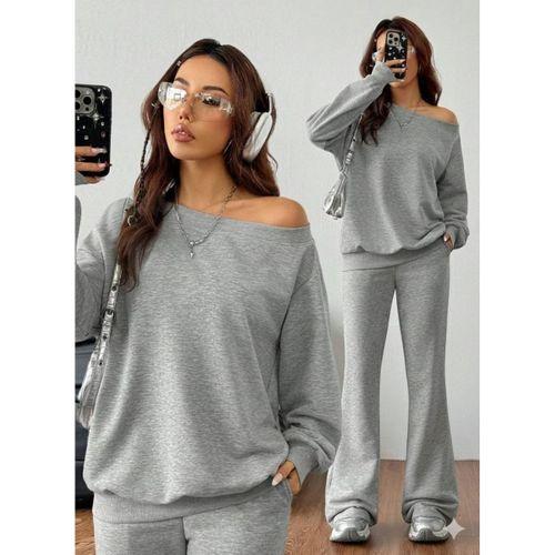 Kadın Uzun Kollu Tek Omuzdan Açık Iki Iplik Bluz Ve Pantolon Ikili Takım