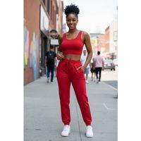 Kadın Kırmızı Premium Görünümlü Kaşkorse Cepli Jogger Eşofman Altı Ve Crop Top Bluz Takımı