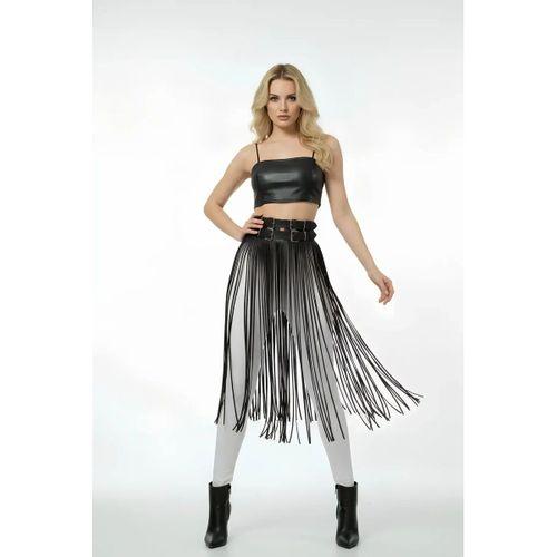 Siyah Etek Deri Yüksek Bel Etek Çift Tokalı Uzun - Brf1090