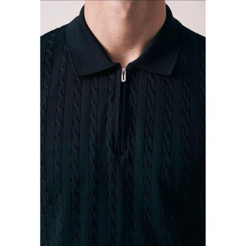 Burke Saç Örgü Yarım Fermuarlı Kısa Kollu İnce Triko Erkek T-Shirt - Siyah