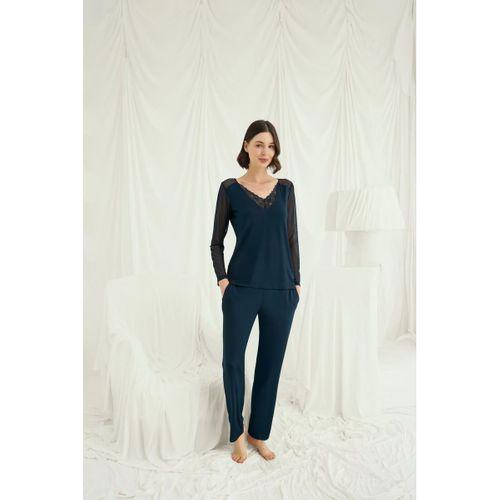 Sırt Dekolteli Uzun Kollu Tüllü Ve Dantelli Pijama Takımı